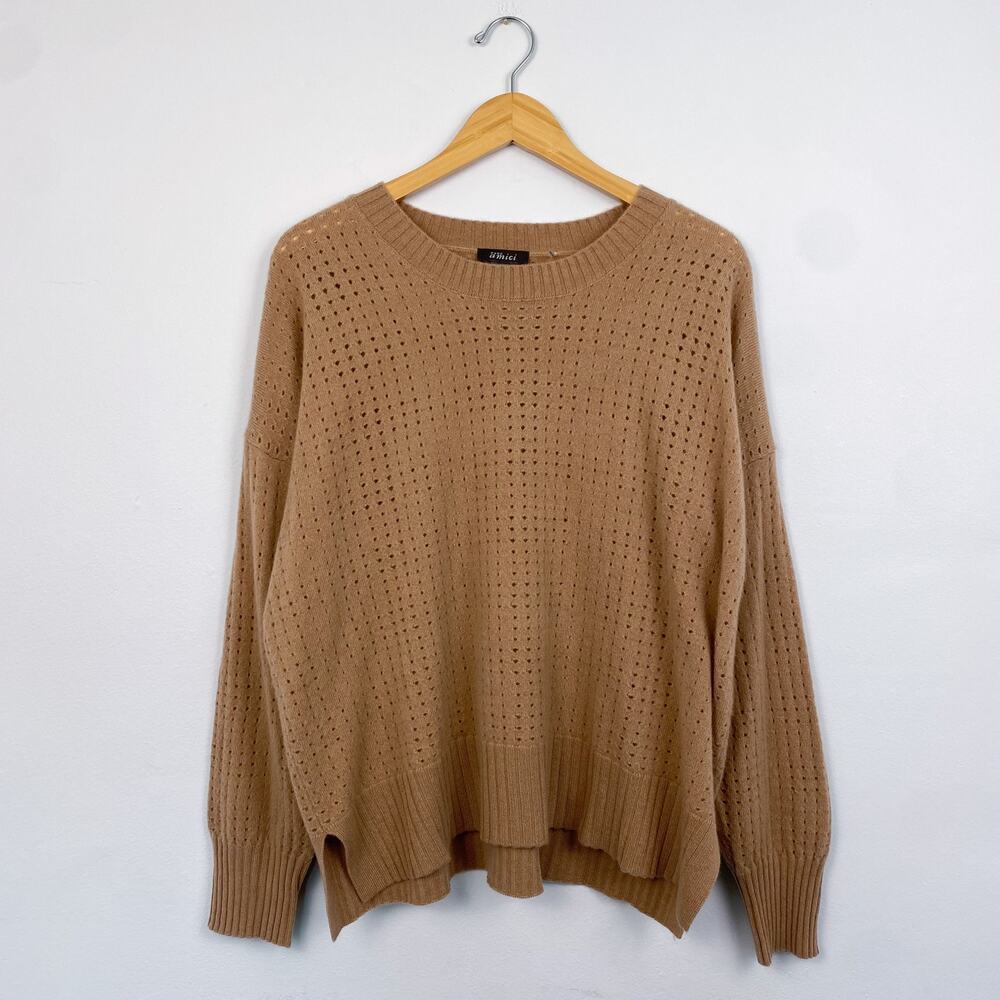 Pure Amici Cashmere Open Knit Crew Neck Sweater Tan M/L
